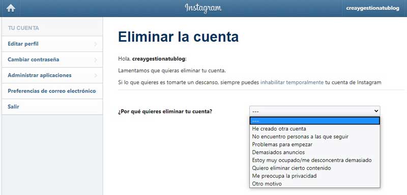 cómo eliminar una cuenta de Instagram paso a paso