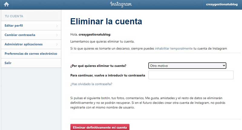 Cómo eliminar definitivamente una cuenta de Instagram